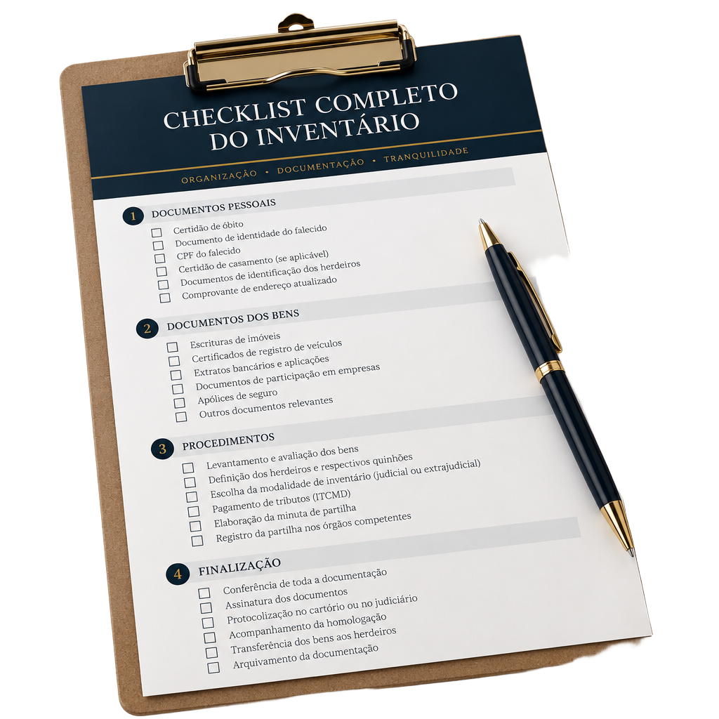 Mockup do Checklist Completo do Inventário impresso em uma prancheta