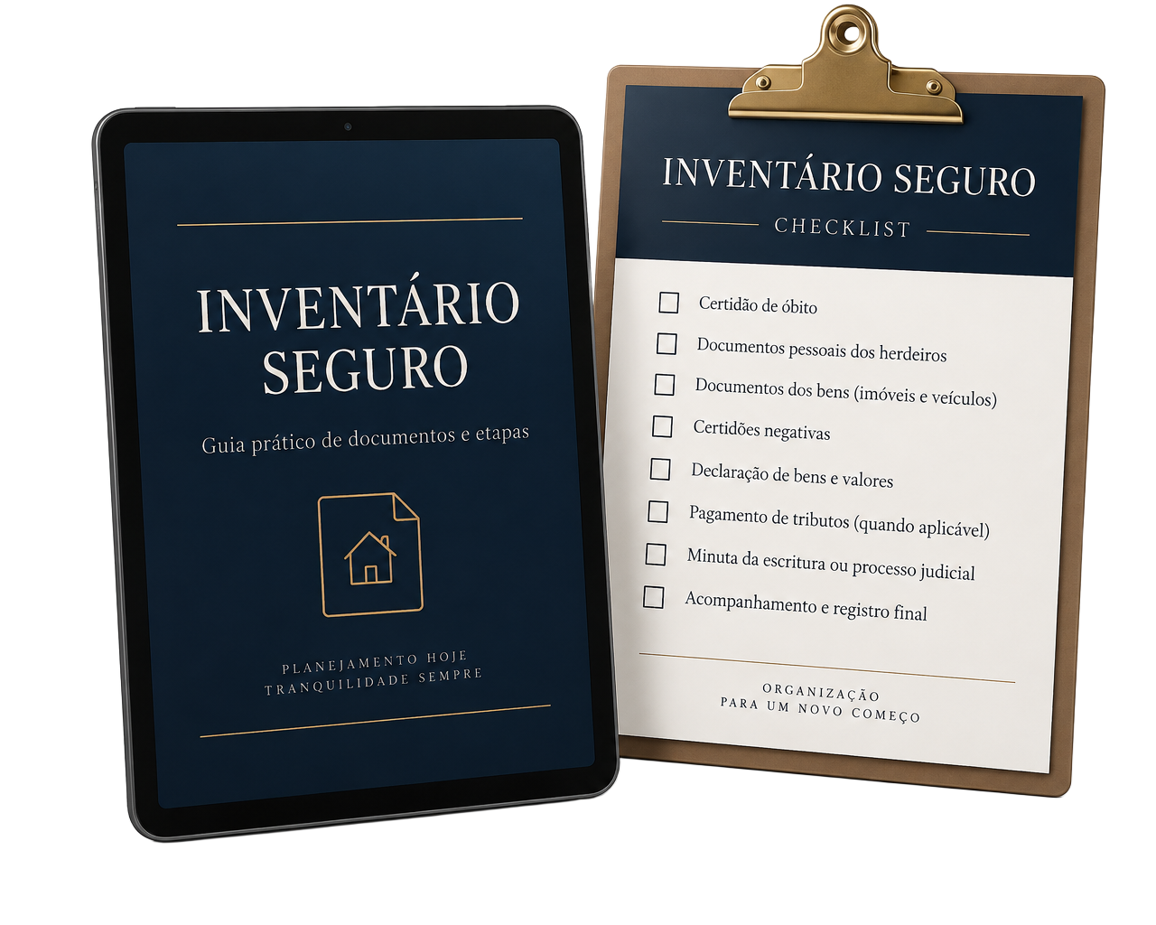Mockup do Guia Completo do Inventário em tablet ao lado do Checklist Completo do Inventário